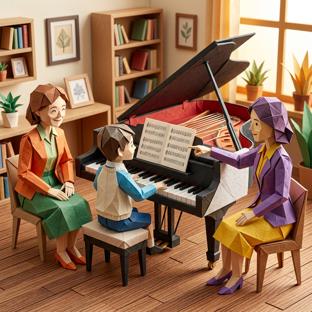 Child playing piano while two women guide a lesson