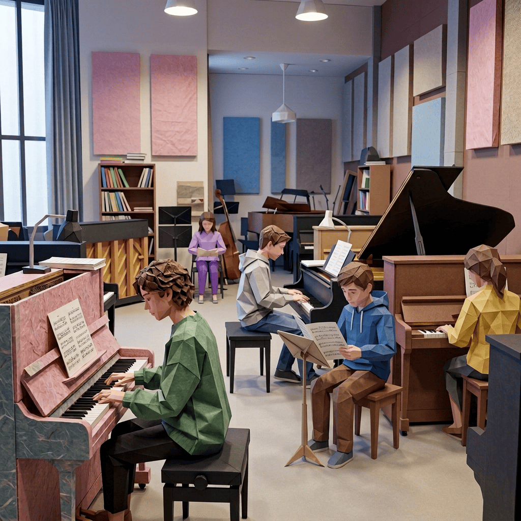 Three musicians playing pianos in a music rehearsal studio